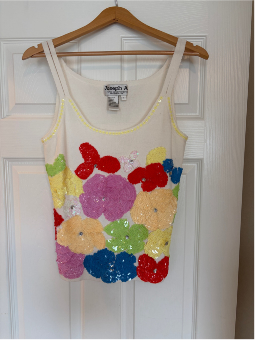 Vintage Joseph A Sequin Tank Top Large Neon Floral Pop Art Party V6